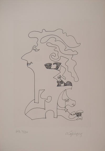Charles LAPICQUE : Portraits XII, Jeune seigneur et son chien, Gravure originale signée