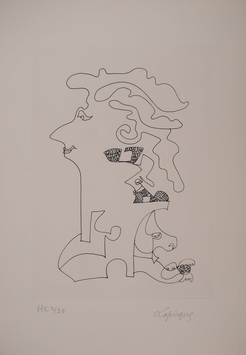 Charles LAPICQUE : Portraits XII, Jeune seigneur et son chien, Gravure originale signée