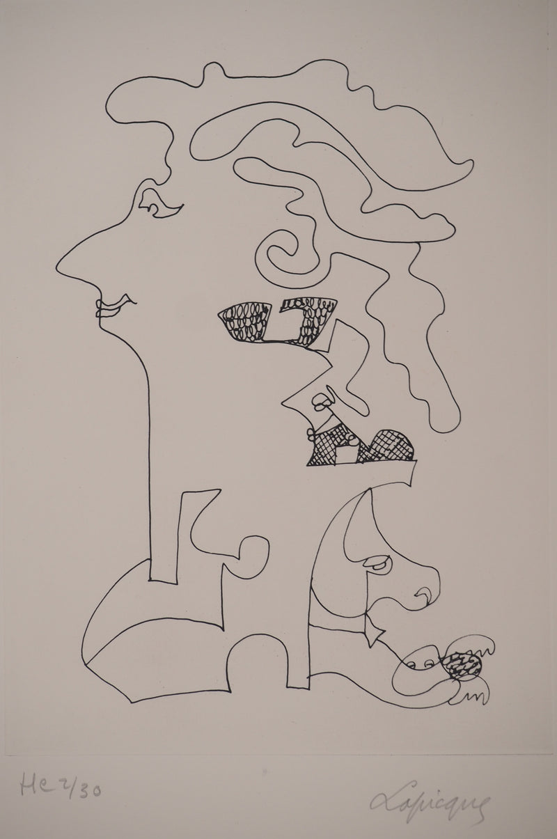 Charles LAPICQUE : Portraits XII, Jeune seigneur et son chien, Gravure originale signée