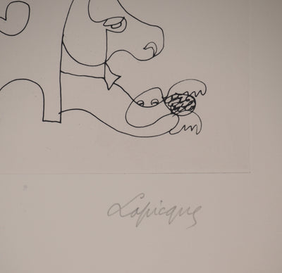 Charles LAPICQUE : Portraits XII, Jeune seigneur et son chien, Gravure originale signée