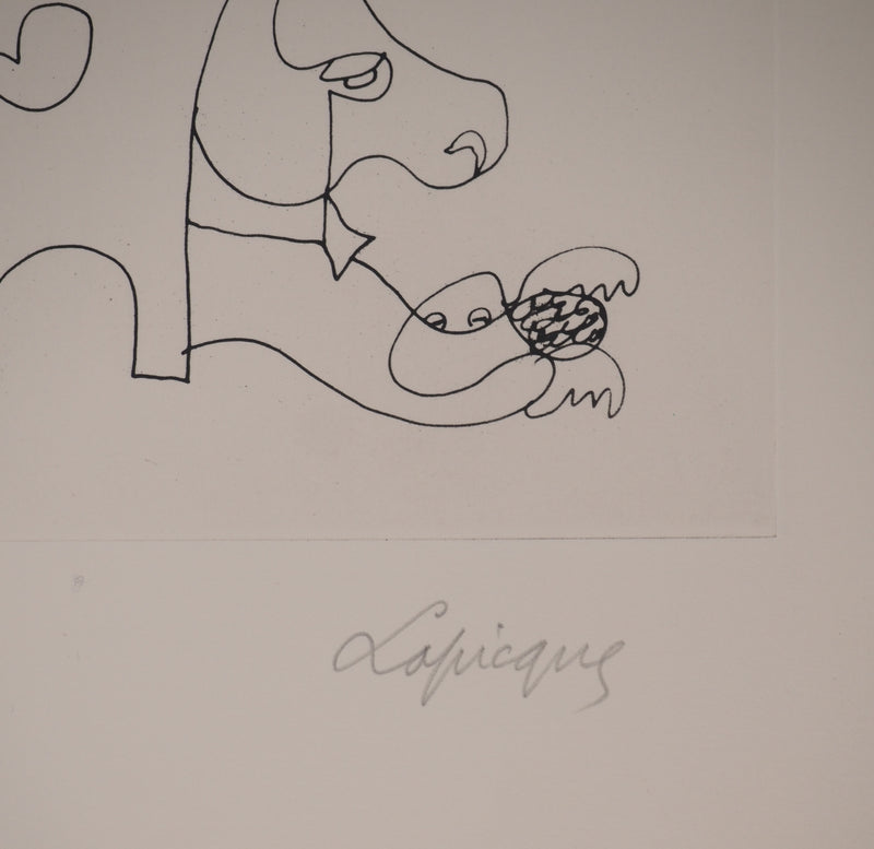 Charles LAPICQUE : Portraits XII, Jeune seigneur et son chien, Gravure originale signée