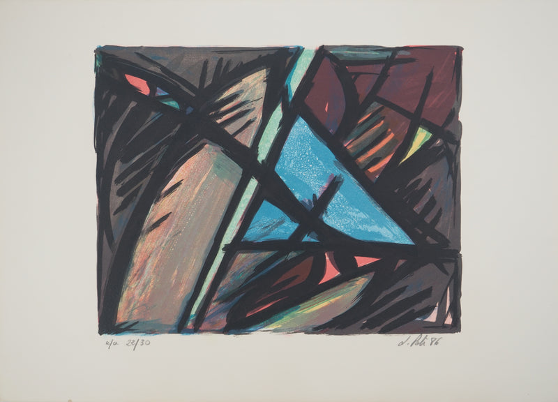 Jacques POLI : Le triangle bleu, Lithographie originale signée