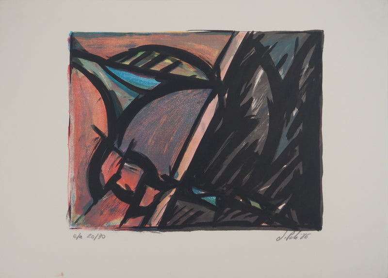 Jacques POLI : Le triangle rouge, Lithographie originale signée