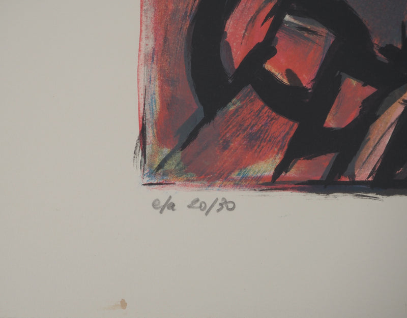 Jacques POLI : Le triangle rouge, Lithographie originale signée