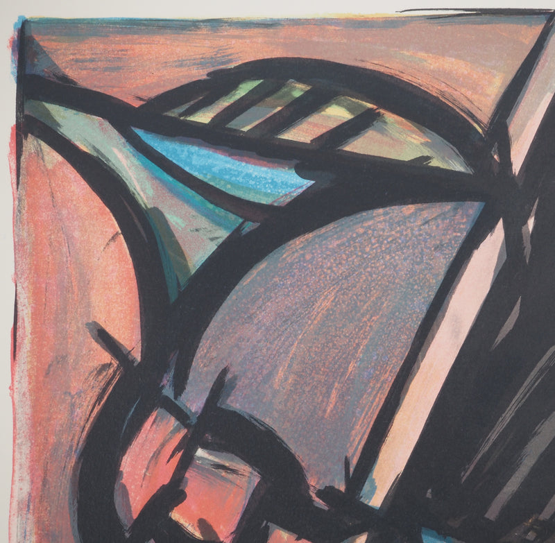 Jacques POLI : Le triangle rouge, Lithographie originale signée