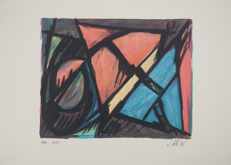 Jacques POLI : Les triangles colorés, Lithographie originale signée