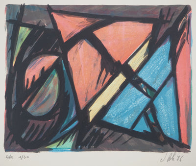 Jacques POLI : Les triangles colorés, Lithographie originale signée