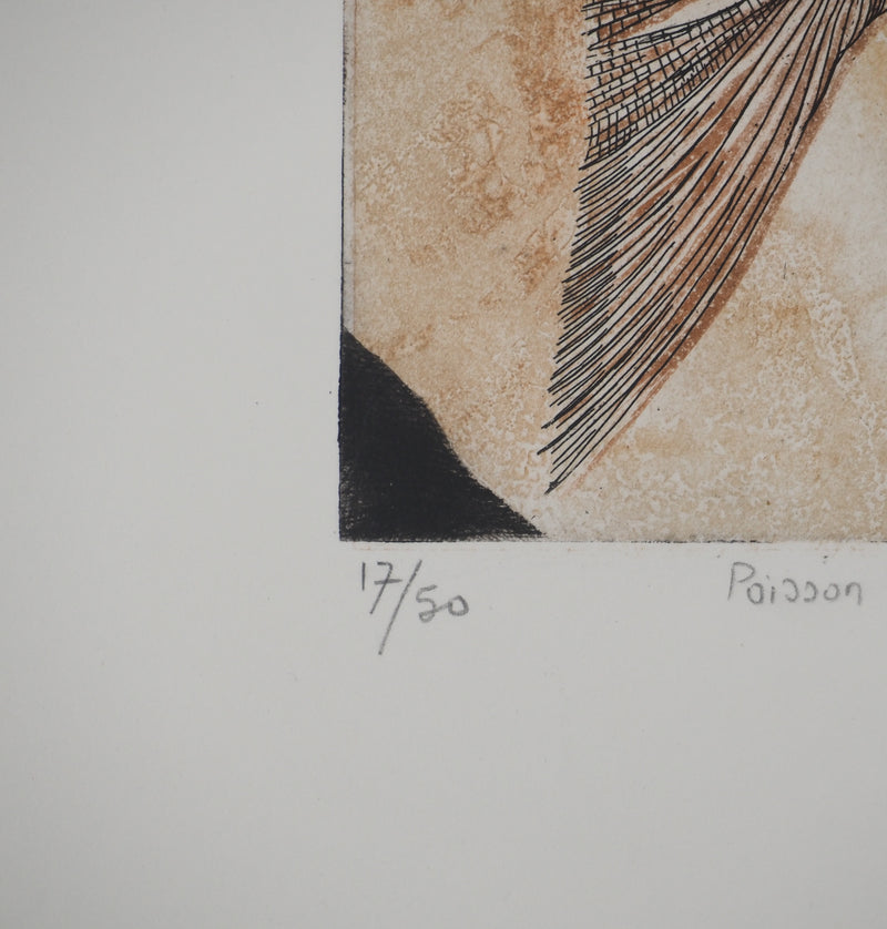 Simone VRAIN : Poisson fossile, Gravure originale signée