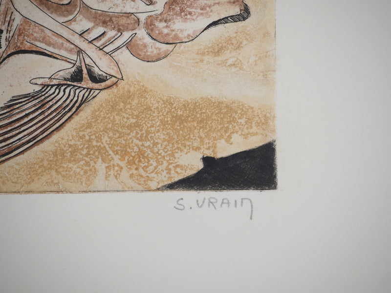 Simone VRAIN : Poisson fossile, Gravure originale signée