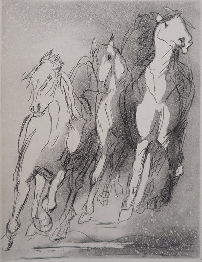 Christian D'ESPIC : Chevaux aux galops, Gravure originale signée