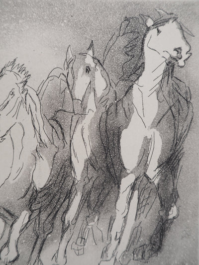 Christian D'ESPIC : Chevaux aux galops, Gravure originale signée