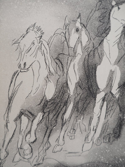 Christian D'ESPIC : Chevaux aux galops, Gravure originale signée