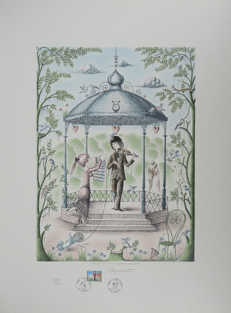 Raymond Peynet : Les amoureux, le kiosque à musique, Lithographie originale signée