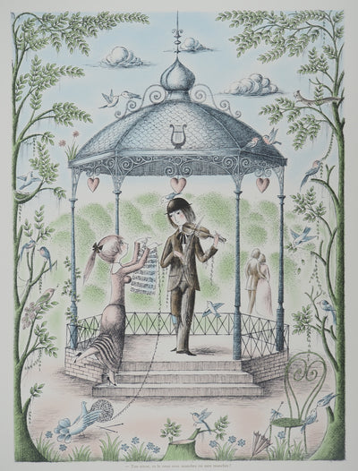 Raymond Peynet : Les amoureux, le kiosque à musique, Lithographie originale signée