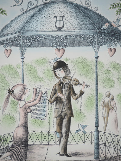 Raymond Peynet : Les amoureux, le kiosque à musique, Lithographie originale signée