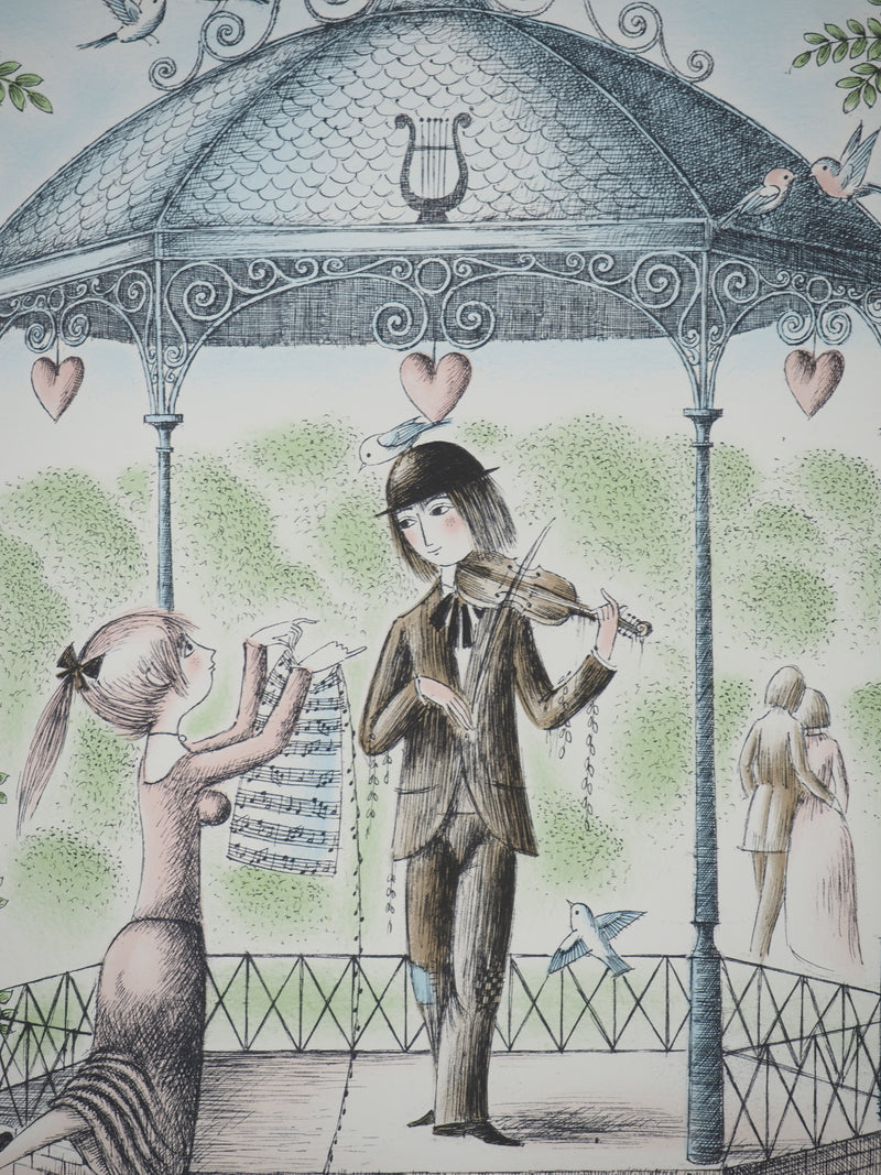 Raymond Peynet : Les amoureux, le kiosque à musique, Lithographie originale signée