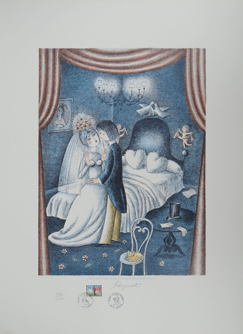 Raymond Peynet : Les amoureux : nuit de noces, Lithographie originale signée