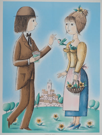 Raymond PEYNET : Les amoureux, l'heure du goûter, Lithographie originale signée