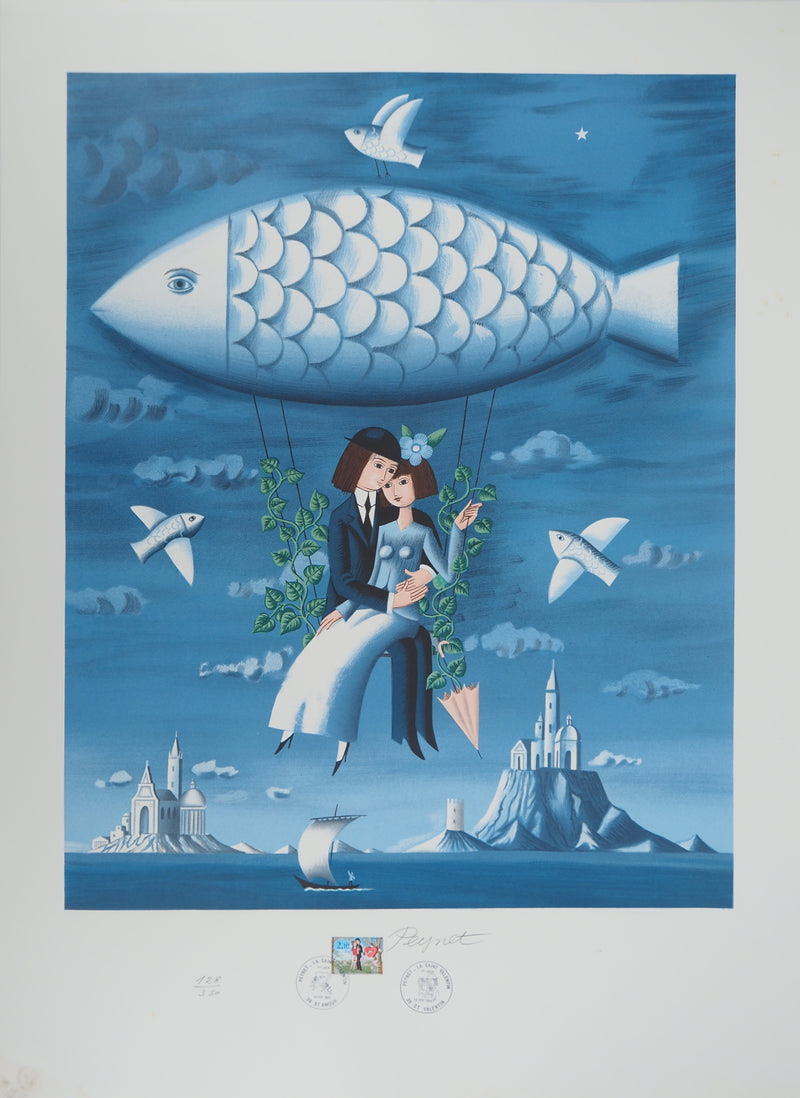 Raymond PEYNET : Les amoureux, poisson dans le ciel, Lithographie originale signée