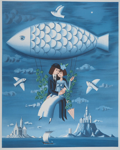 Raymond PEYNET : Les amoureux, poisson dans le ciel, Lithographie originale signée