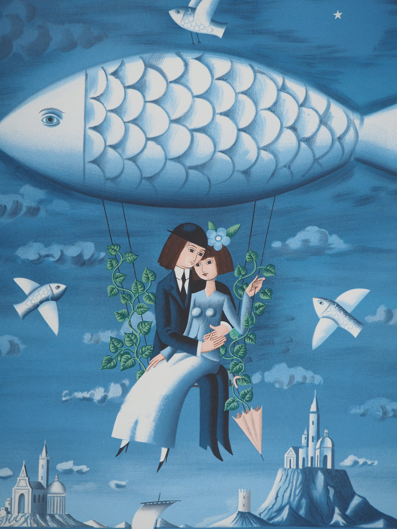 Raymond PEYNET : Les amoureux, poisson dans le ciel, Lithographie originale signée