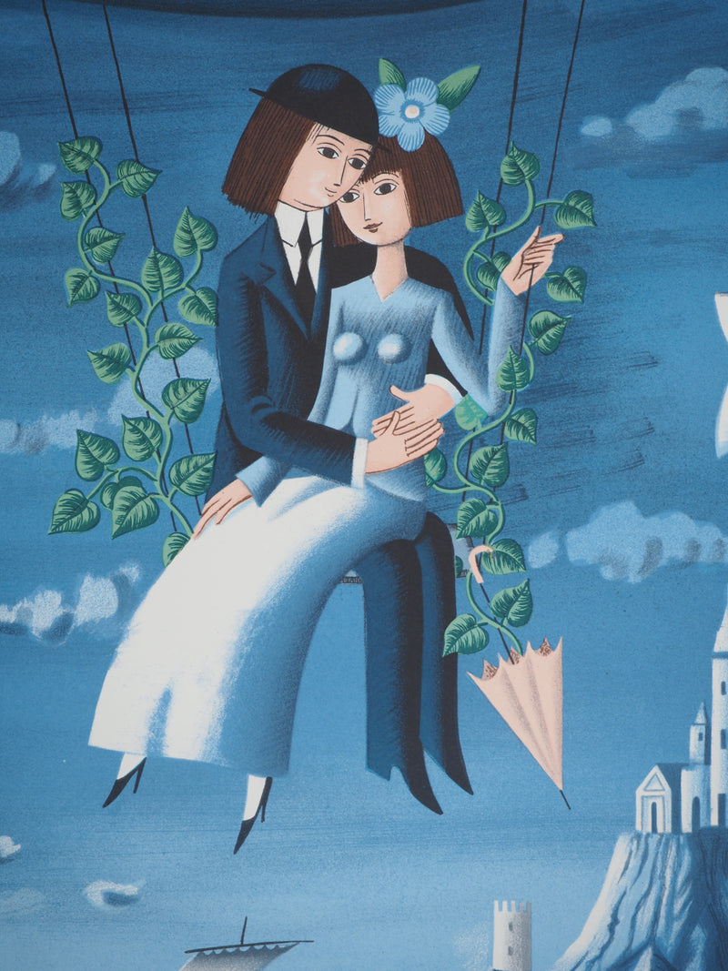 Raymond PEYNET : Les amoureux, poisson dans le ciel, Lithographie originale signée