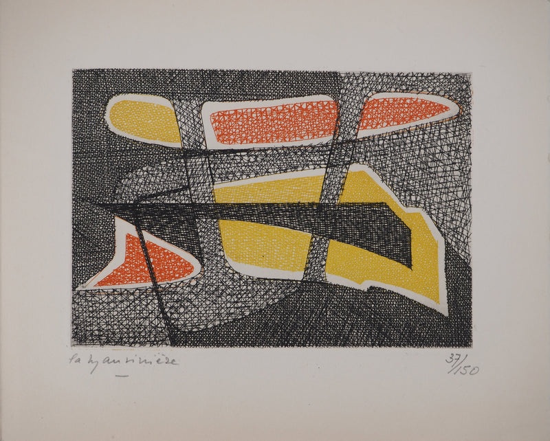 Elisabeth DE LA MAUVINIERE : Motif rouge et jaune, Gravure originale (photo de détail 3) - Crédit photo : Galerie Art.Paris