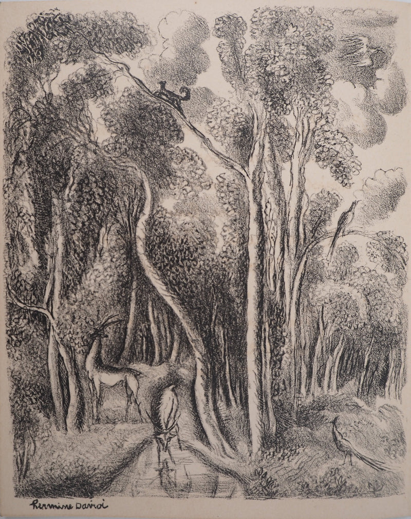 Hermine DAVID : Animaux en paix dans la forêt, Lithographie originale (vue générale) - Crédit photo : Galerie Art.Paris