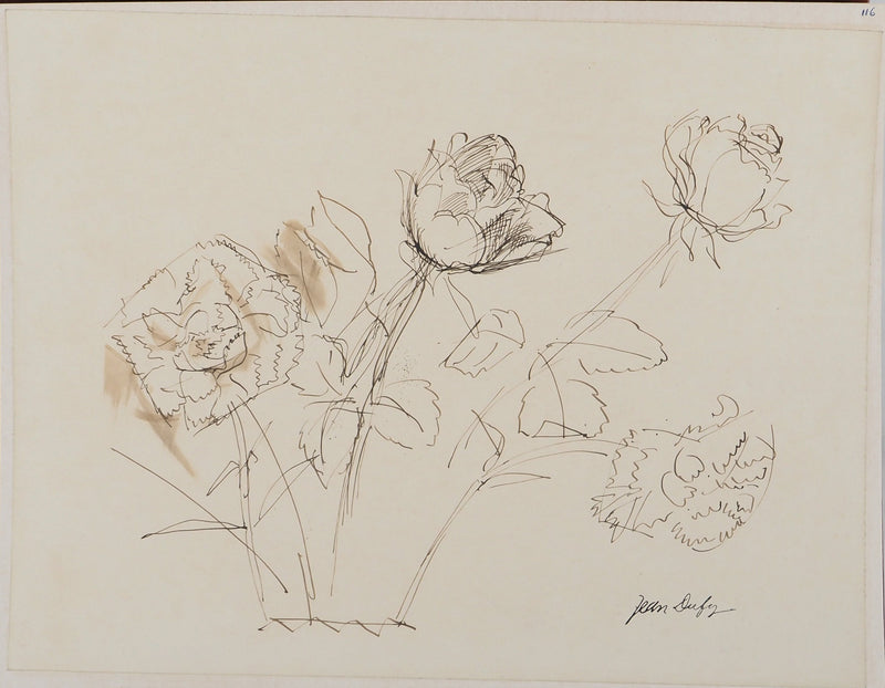 Jean DUFY : Bouquet de roses, Dessin original signé