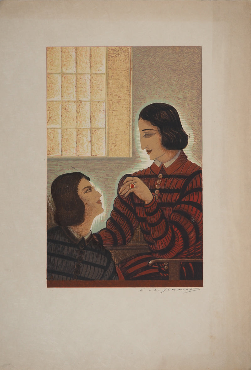 François-Louis SCHMIED : Conversation, Bois gravé original signé