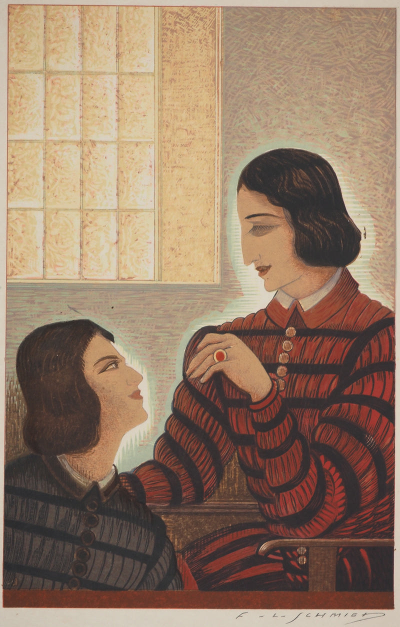 François-Louis SCHMIED : Conversation, Bois gravé original signé
