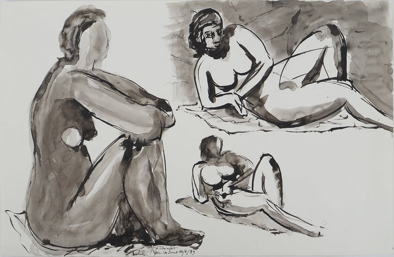 Mercédès GUINGOT : Femme nu à en bord de mer, Dessin original signé