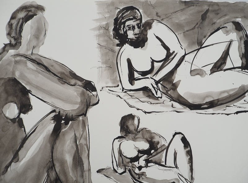 Mercédès GUINGOT : Femme nu à en bord de mer, Dessin original signé