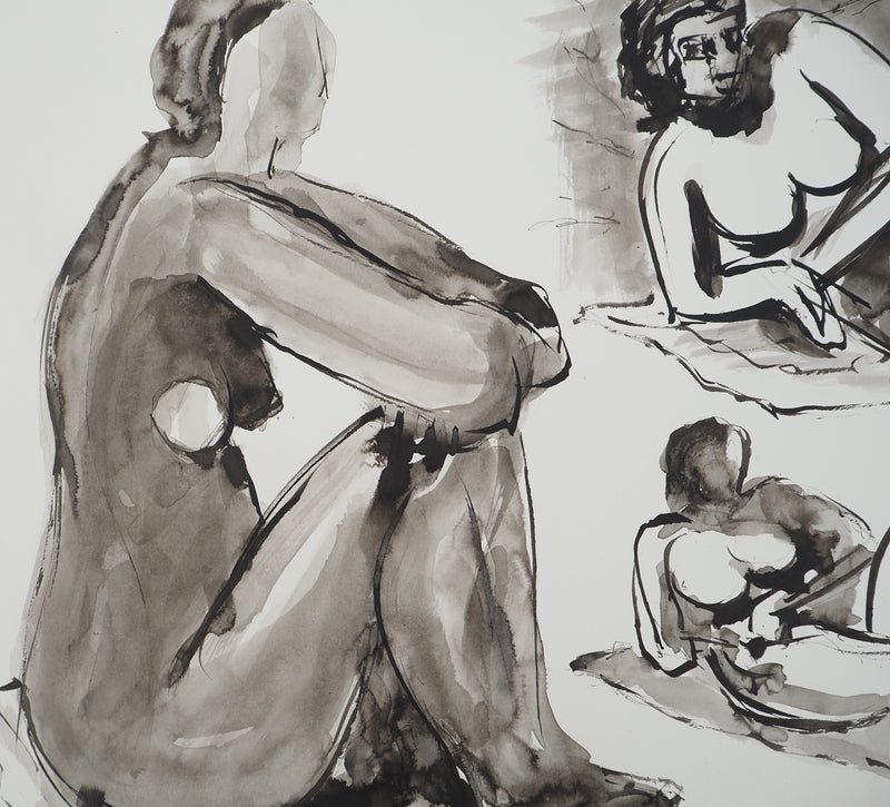 Mercédès GUINGOT : Femme nu à en bord de mer, Dessin original signé