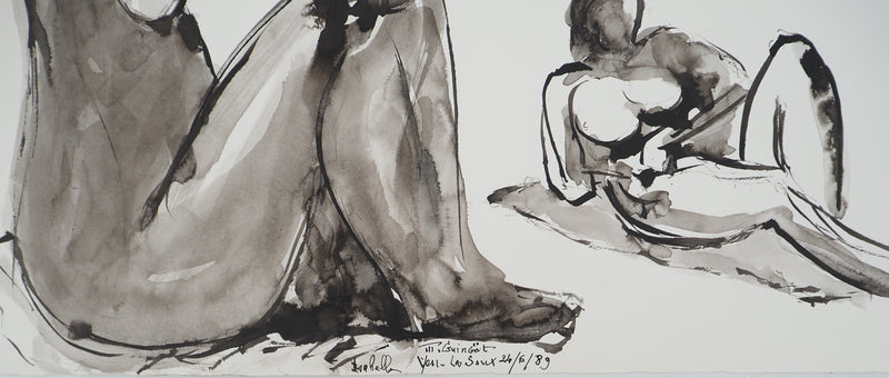 Mercédès GUINGOT : Femme nu à en bord de mer, Dessin original signé