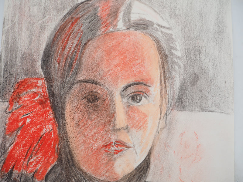Mercédès GUINGOT : Femme au rouge à lèvre rouge, Dessin original signé