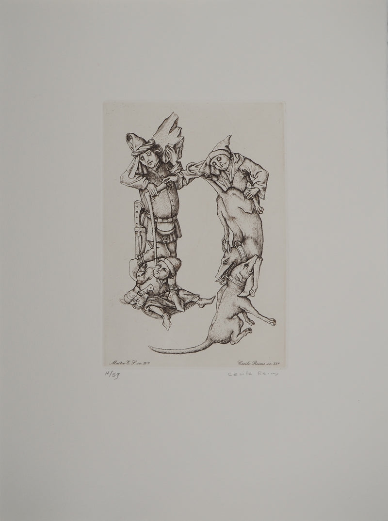 Cécile REIMS : Les chiens entrelacés, H, Gravure originale signée