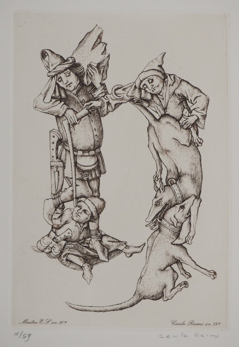 Cécile REIMS : Les chiens entrelacés, H, Gravure originale signée