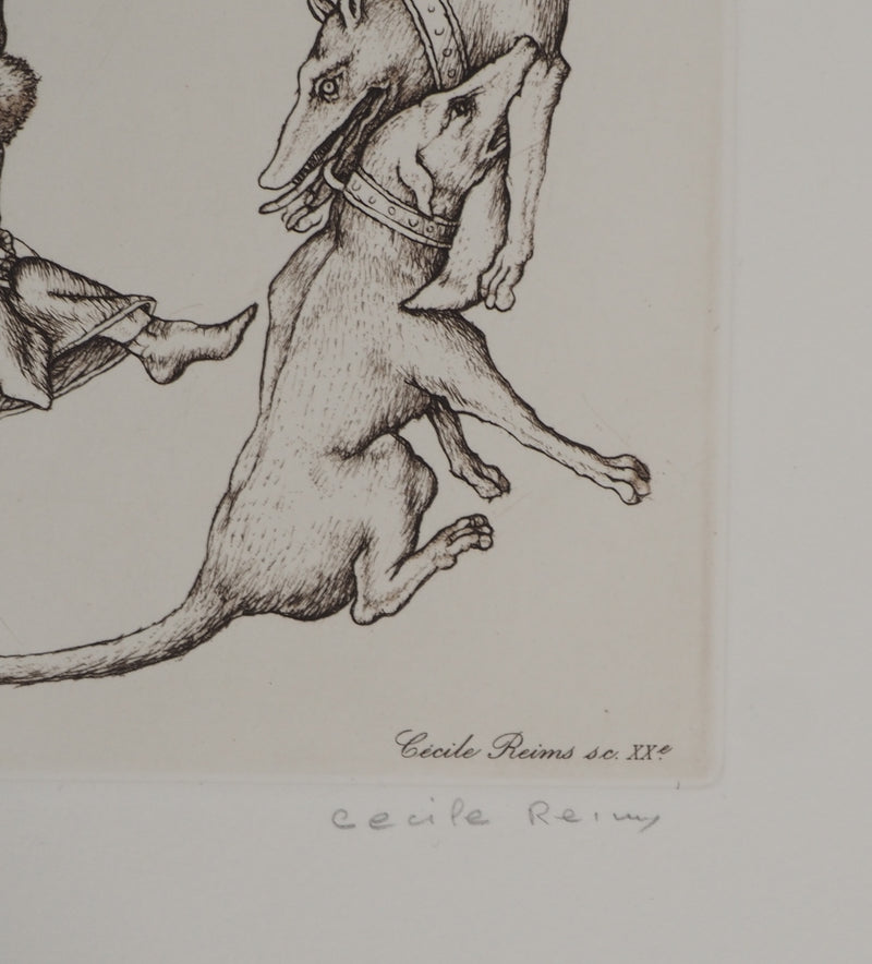 Cécile REIMS : Les chiens entrelacés, H, Gravure originale signée