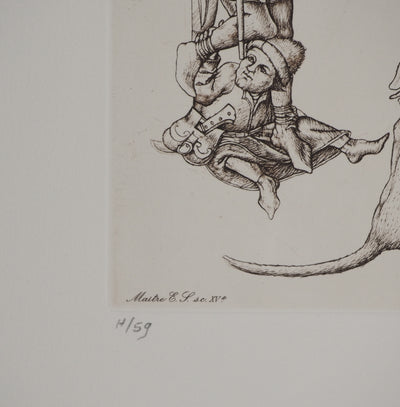 Cécile REIMS : Les chiens entrelacés, H, Gravure originale signée