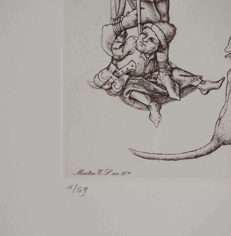 Cécile REIMS : Les chiens entrelacés, H, Gravure originale signée