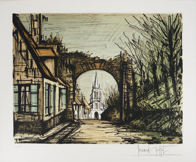 Bernard BUFFET : Montfort-l'Amaury : vue sur l'Eglise, Lithographie originale (vue générale) - Crédit photo : Galerie Art.Paris