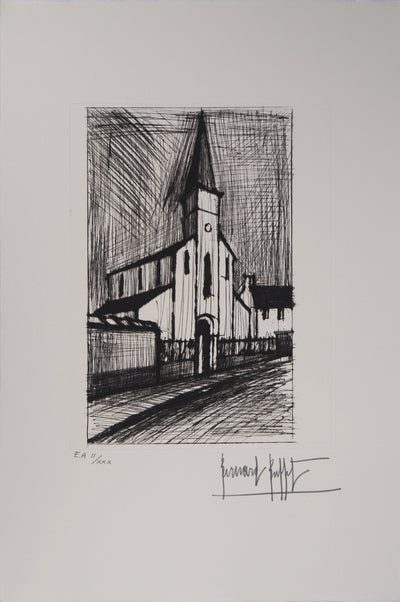 Bernard BUFFET : Eglise de campagne, Gravure originale (vue générale) - Crédit photo : Galerie Art.Paris