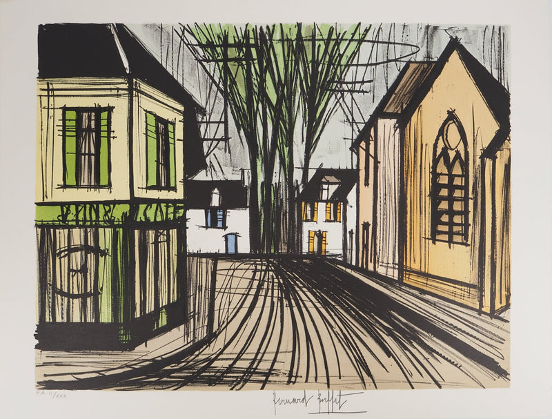 Bernard BUFFET : Village en Normandie,, Lithographie originale (vue générale) - Crédit photo : Galerie Art.Paris