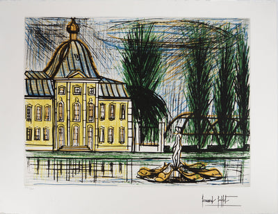 Bernard BUFFET : Petrodvorets : Palais et Fontaine, Gravure originale (vue générale) - Crédit photo : Galerie Art.Paris