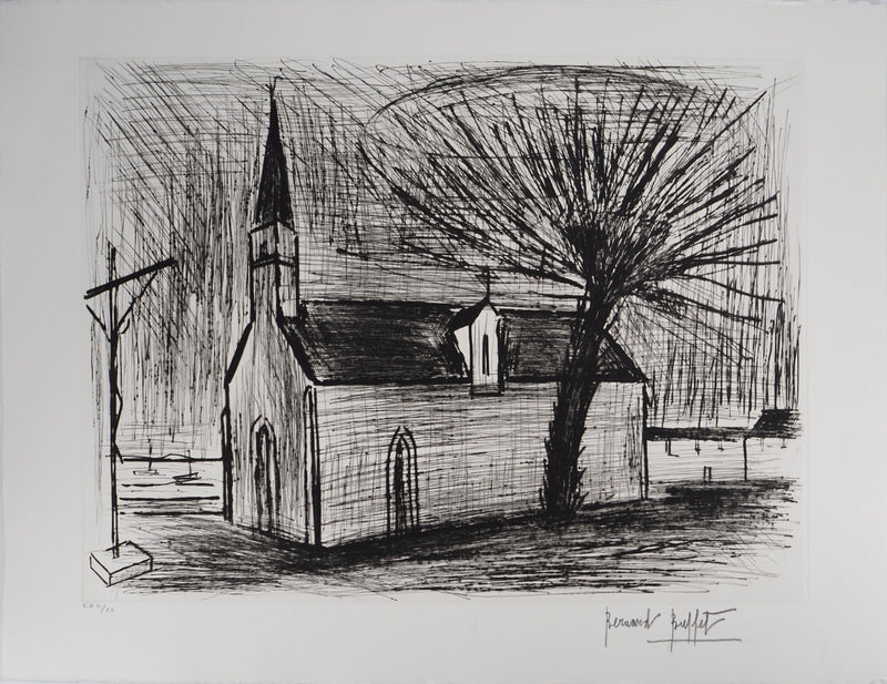 Bernard BUFFET : Bretagne, Chapelle et calvaire, Gravure originale (vue générale) - Crédit photo : Galerie Art.Paris