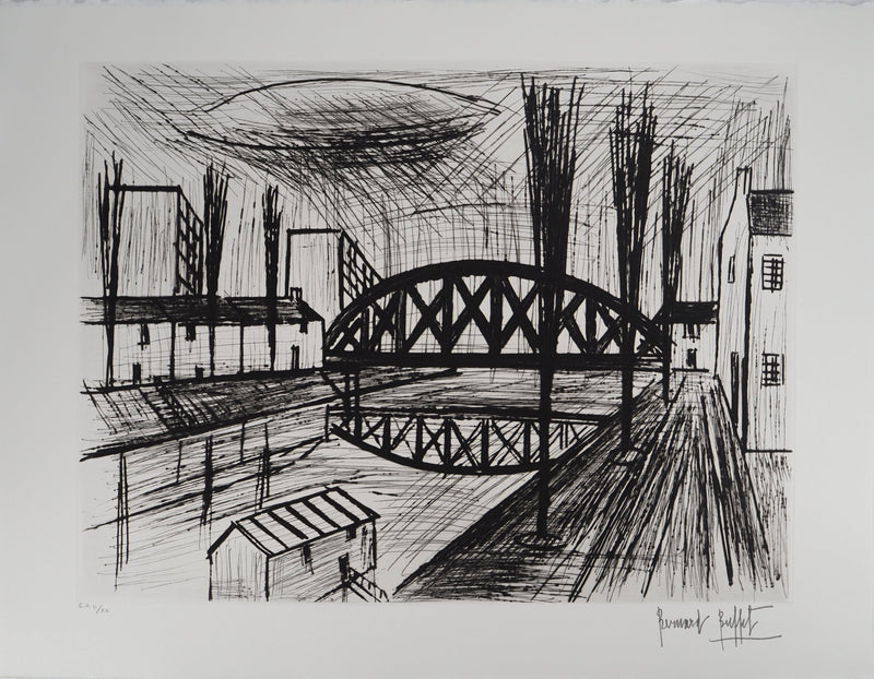 Bernard BUFFET : Bord de canal : le pont métallique, Gravure originale (vue générale) - Crédit photo : Galerie Art.Paris