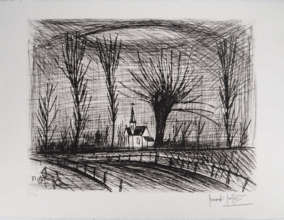 Bernard BUFFET : L'église au lointain, Gravure originale (vue générale) - Crédit photo : Galerie Art.Paris