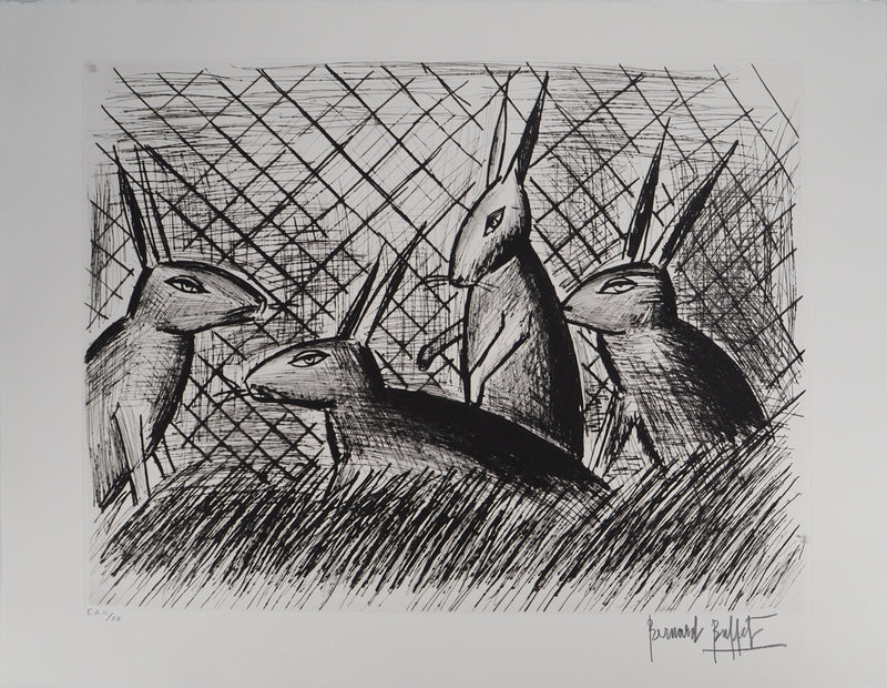 Bernard BUFFET : Les lapins, Gravure originale (vue générale) - Crédit photo : Galerie Art.Paris