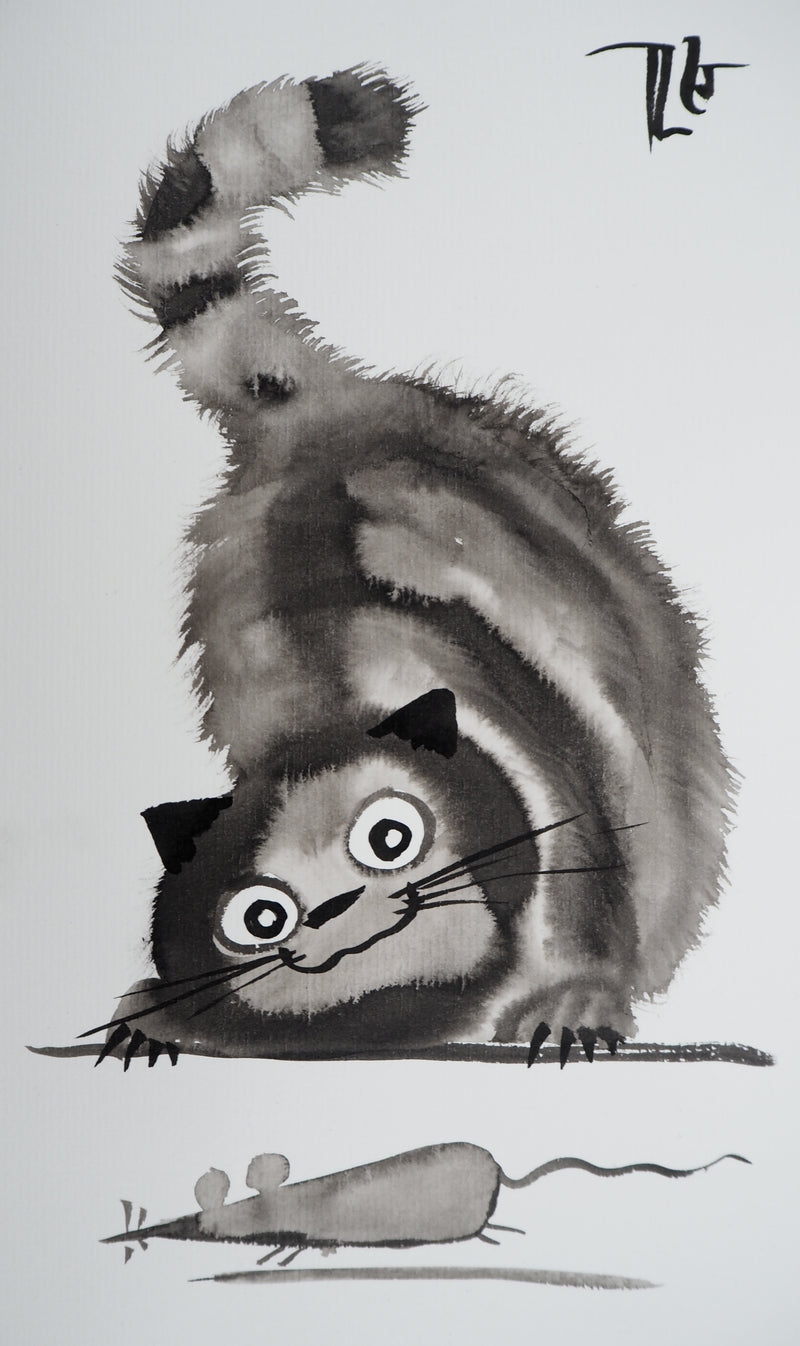 Laszlo TIBAY : Jeu du chat et de la souris, Dessin original à l&